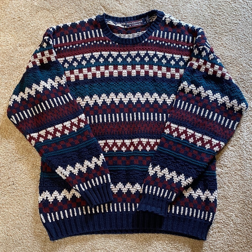 Roundtree 3D Heavy Cotton Textured L/S Crew Neck Sweater Navy Red Cream Green L